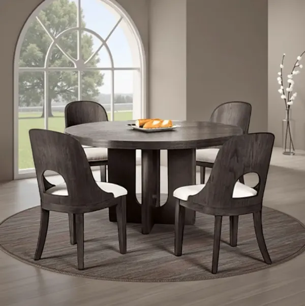 Zoko 5pc Round Dining Table Set, White Polyester Chairs, Ash Gray Wood - Benzara