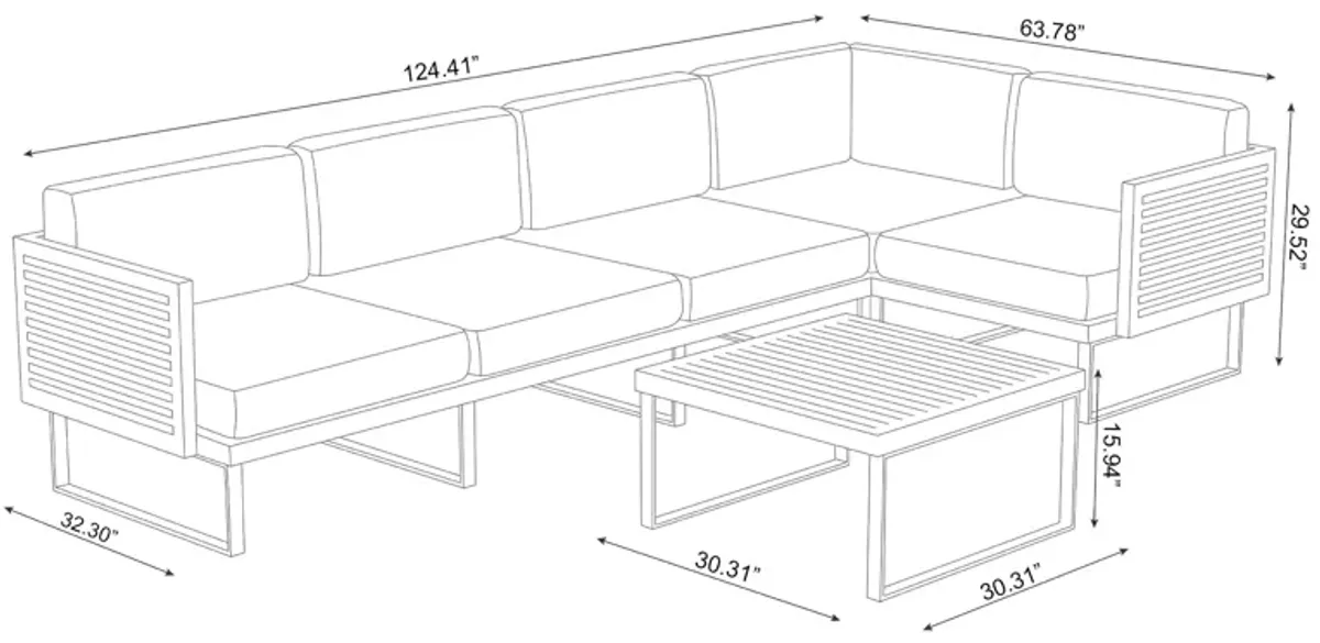 Monterey 5 Seater Sectional with Coffee Table - Aluminum and Teak