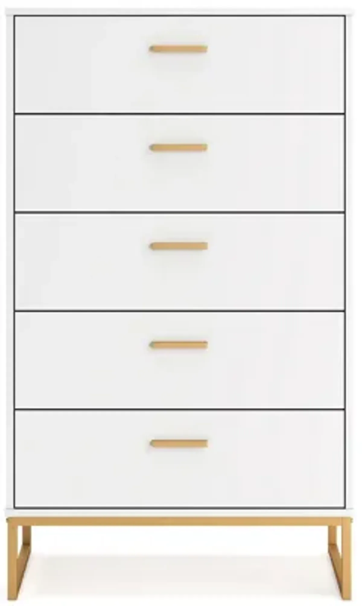 Alli Tall Dresser Chest, 5 Drawers, Matte White, Gold Metal, 51 Inch - Benzara