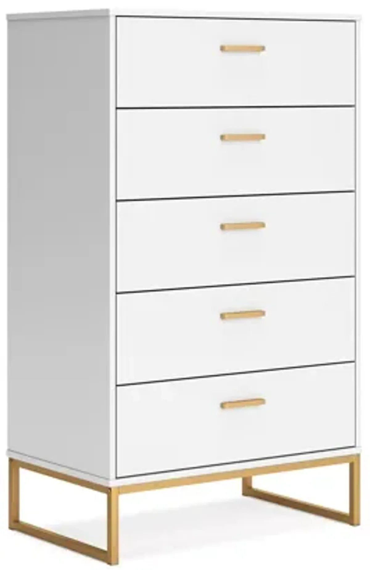 Alli Tall Dresser Chest, 5 Drawers, Matte White, Gold Metal, 51 Inch - Benzara