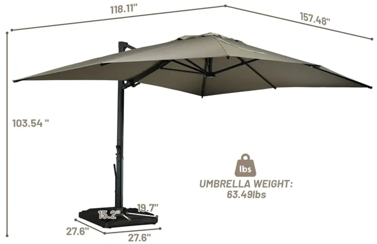 10x13 ft. 360° Rotation Cantilever Patio Umbrella with BaseandLED Light in Taupe