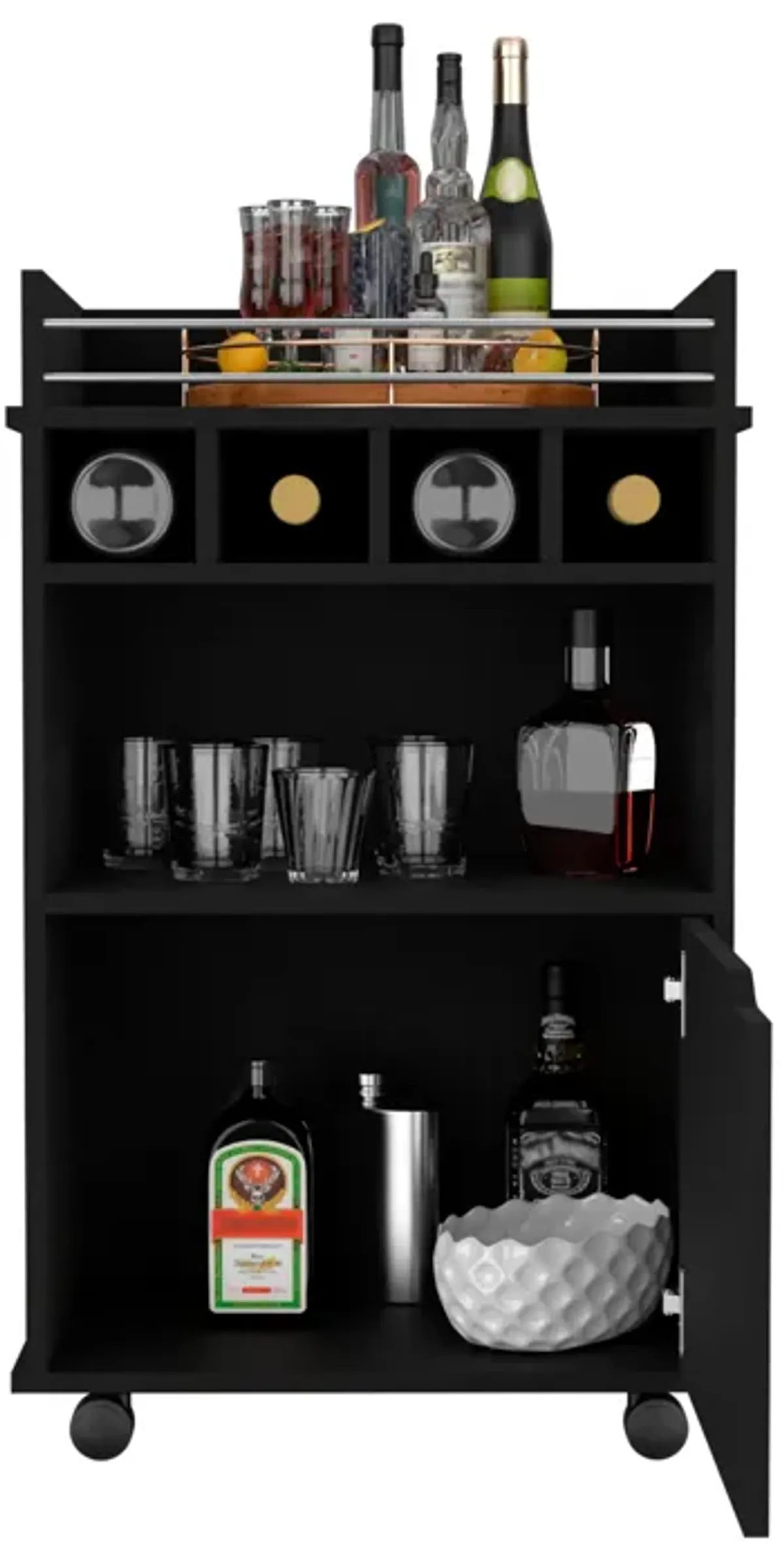 Phoenix Bar Cart with 2 Open Shelves  4 Wine Cubbies and Cabinet