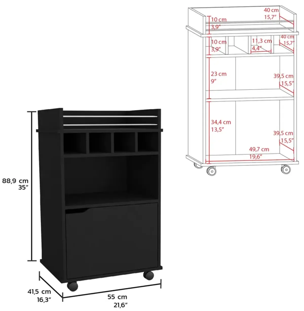 Phoenix Bar Cart with 2 Open Shelves  4 Wine Cubbies and Cabinet