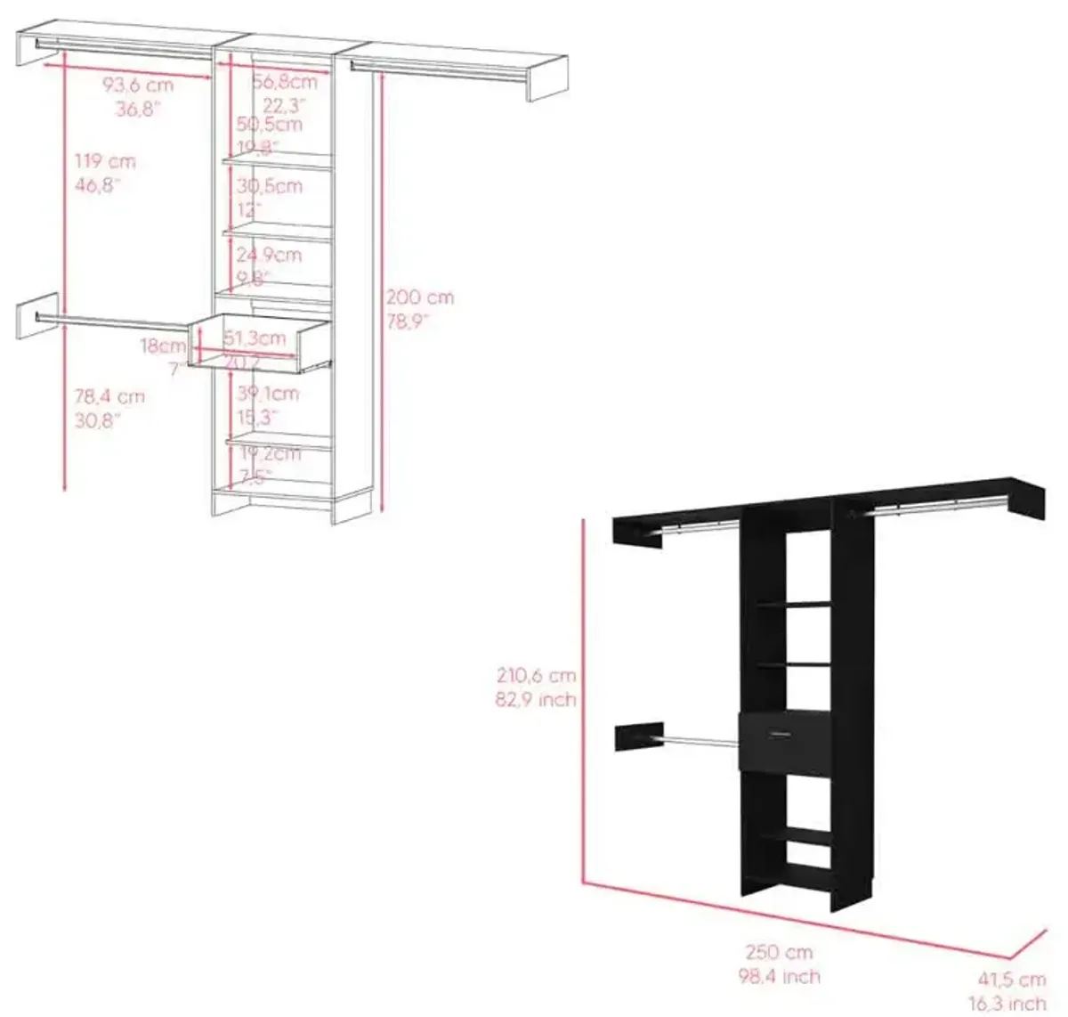 250 Closet System British, Bedroom, Black