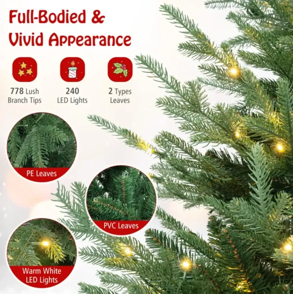 Hivvago 6/7/8 FT Pre-Lit Artificial Hinged Xmas Tree with 778/1480 PVC and PE Branch Tips