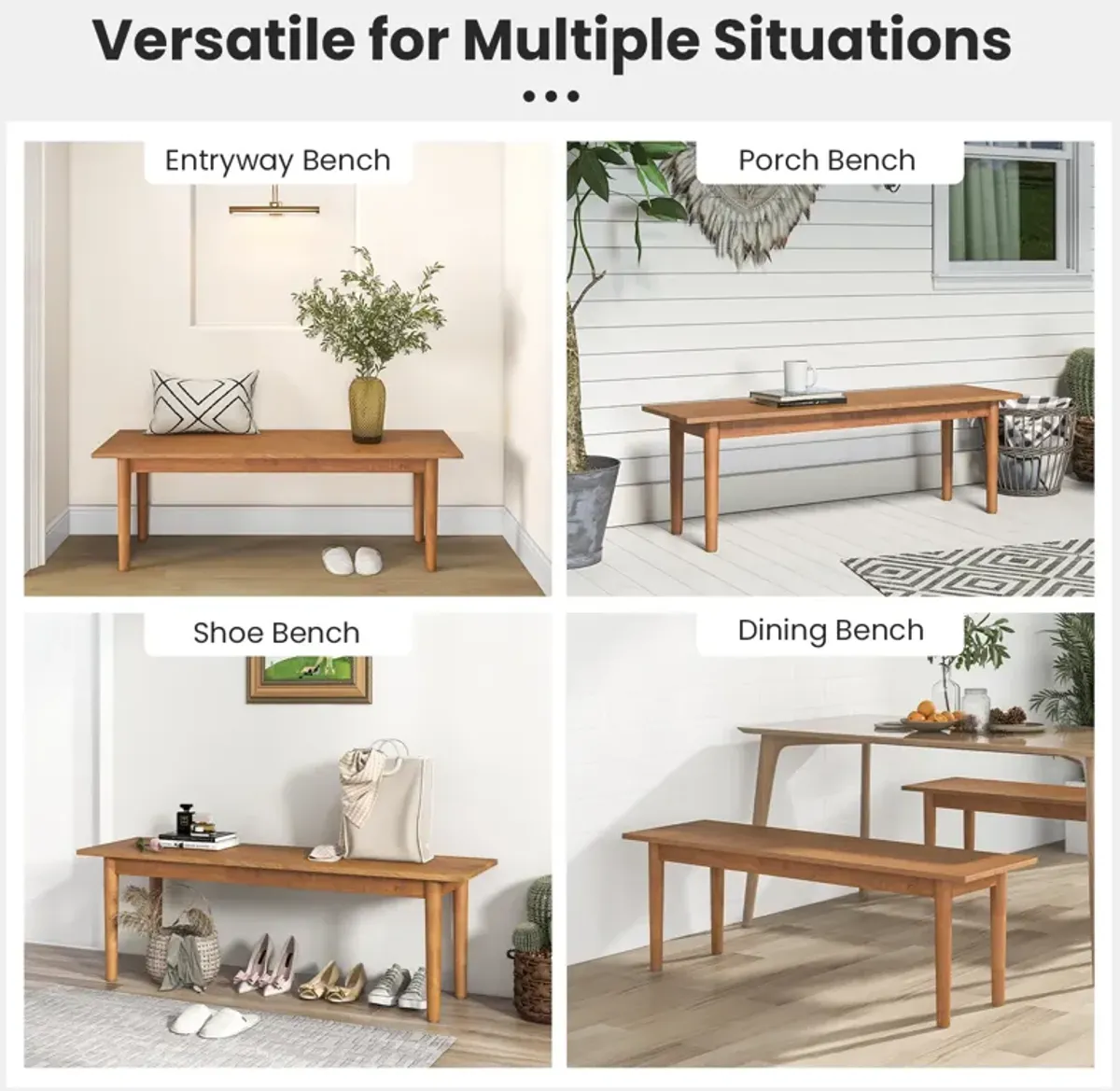 Solid Wood Dining Bench Entryway Bench with Rubber Wood Legs