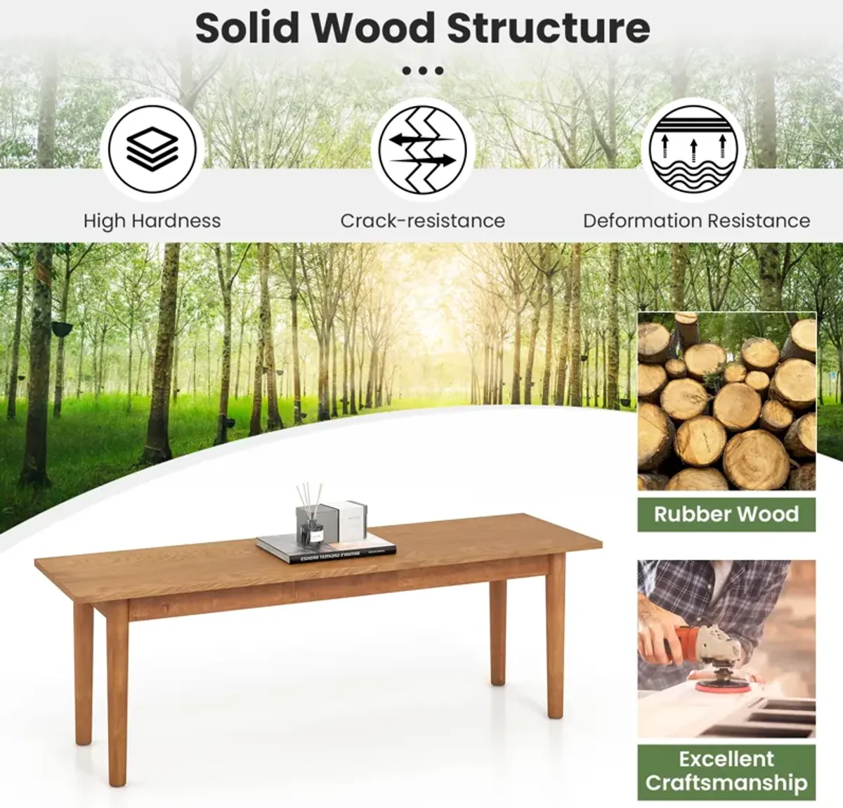 Solid Wood Dining Bench Entryway Bench with Rubber Wood Legs