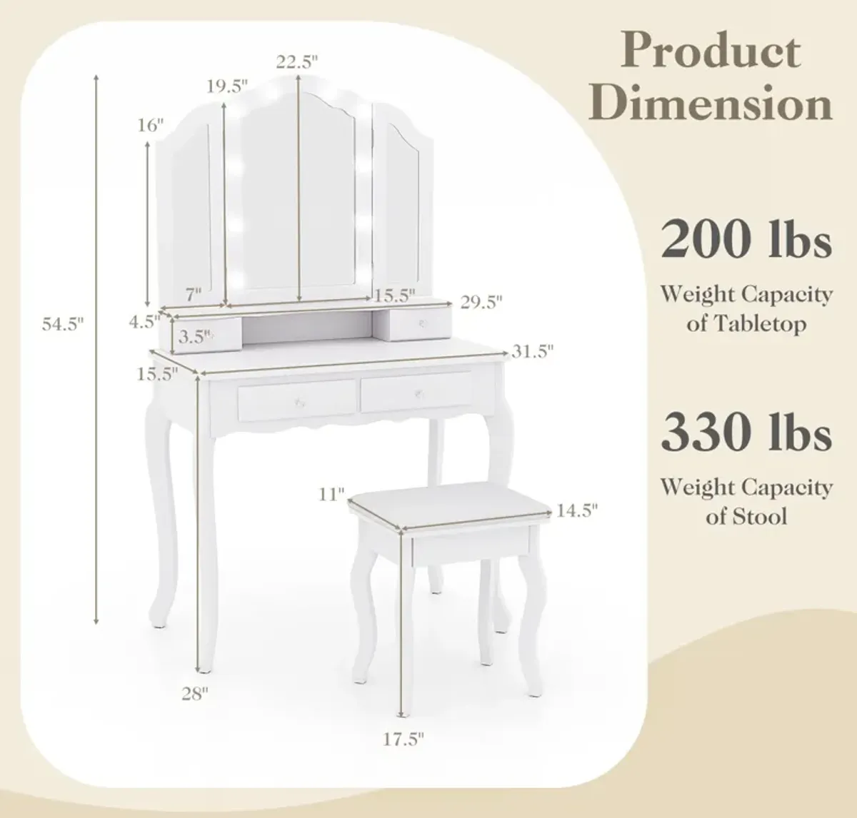 Makeup Vanity Table Set with Lighted Mirror and Drawers