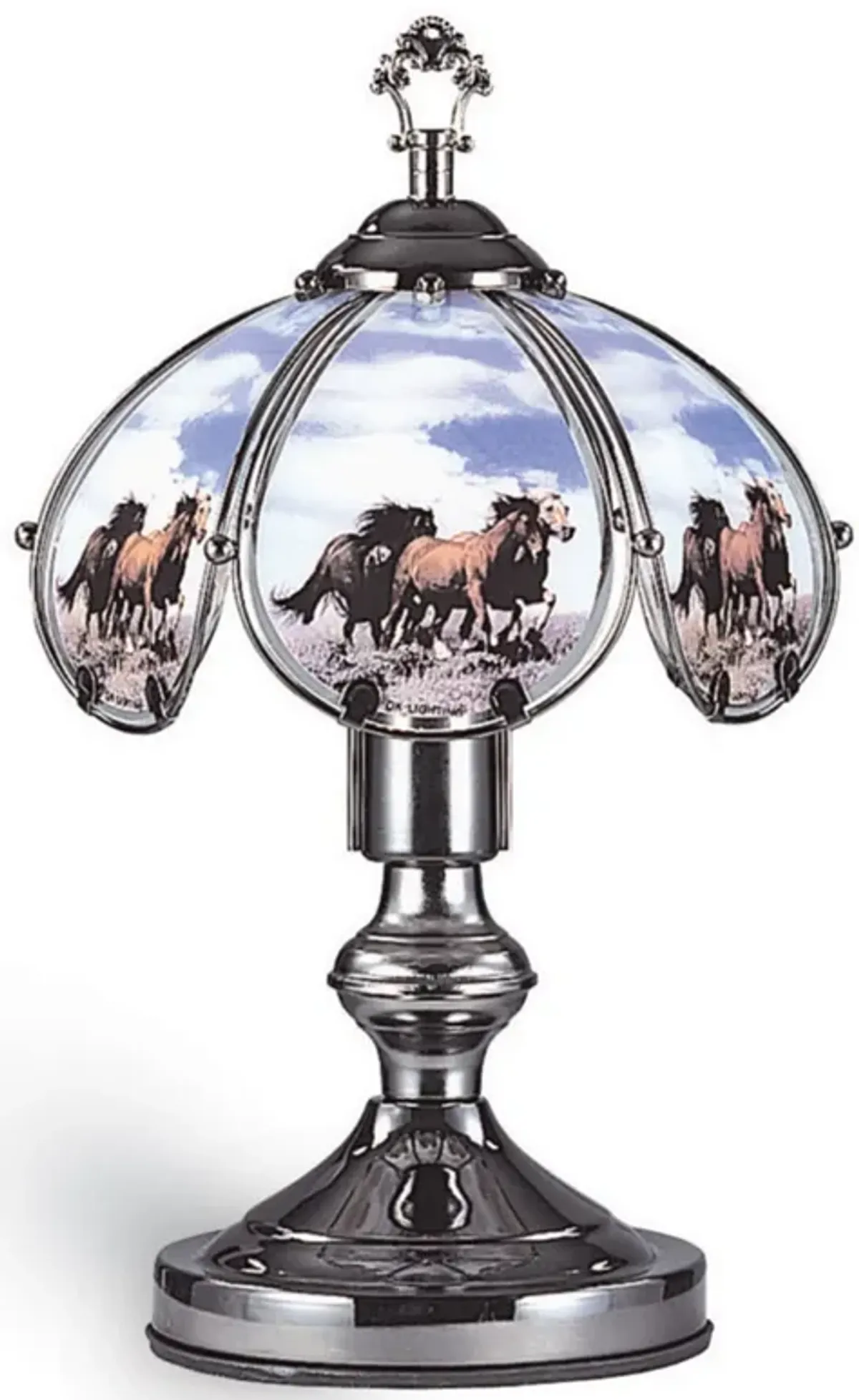 14.25'' Umbrella Shade Glass Table Lamp with Running Horses Print, Silver - Benzara