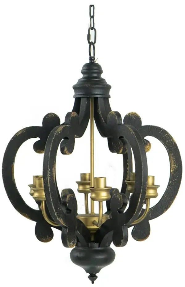 Aki 21 Inch Carved Wood Chandelier, 6 Lights, Vintage Classic, Black, Gold-Benzara