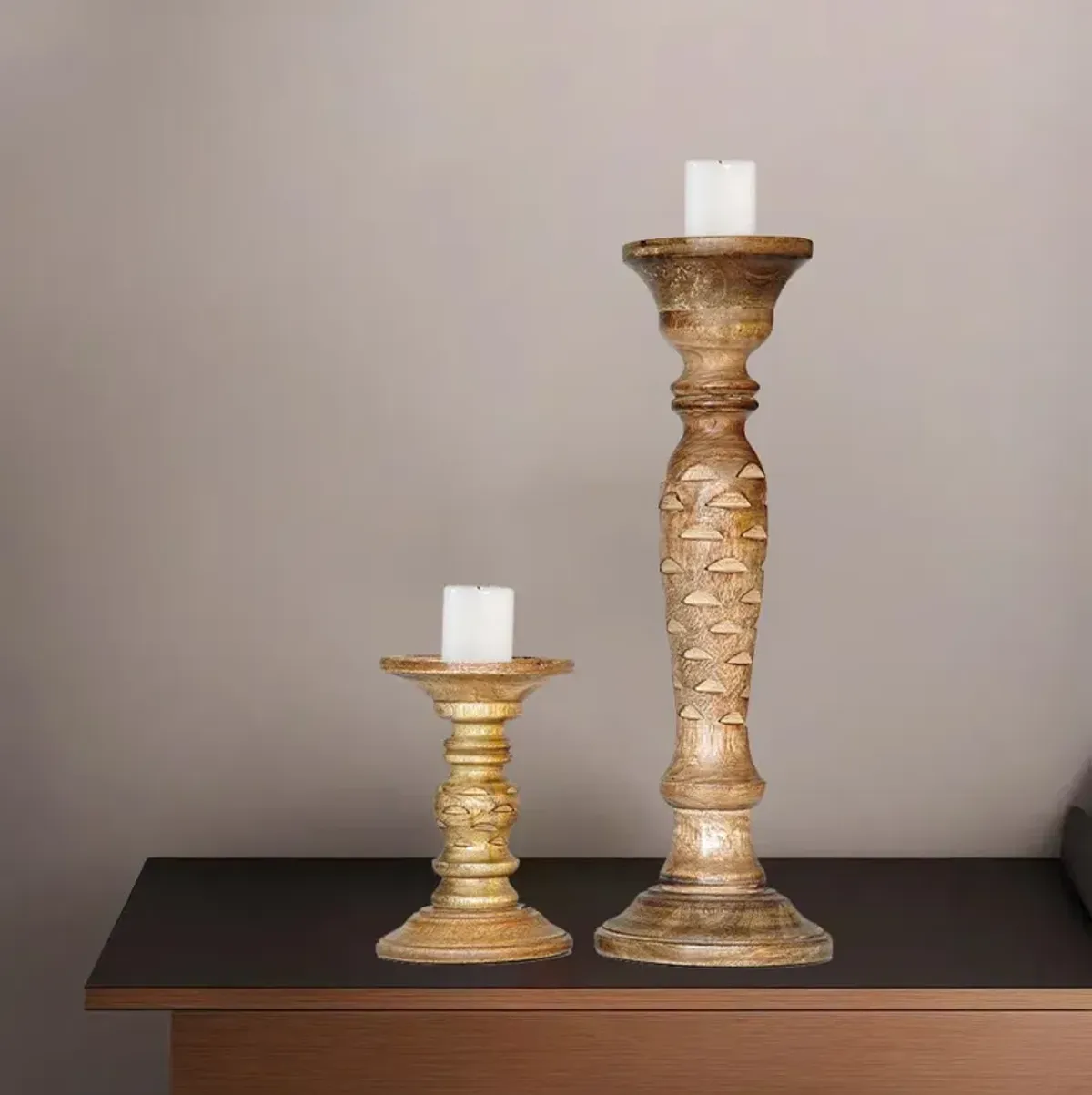 Traditional Medium Burnt Eco-friendly Handmade Mango Wood Set Of Two 6" & 15" Pillar Candle Holder