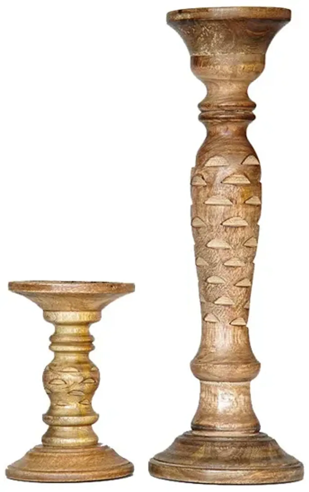 Traditional Medium Burnt Eco-friendly Handmade Mango Wood Set Of Two 6" & 15" Pillar Candle Holder