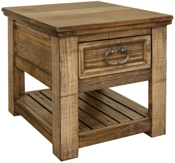 Benjara Side Maze 26 Inch Chairside Table, Single Drawer, Solid Pine Wood, Light Brown