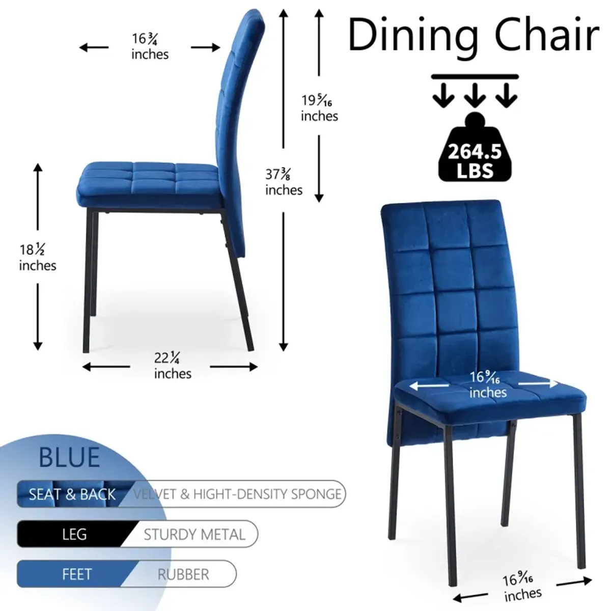 Dark Blue Velvet High Back Nordic Dining Chair Modern Fabric Chair With Black Legs, Set Of 2