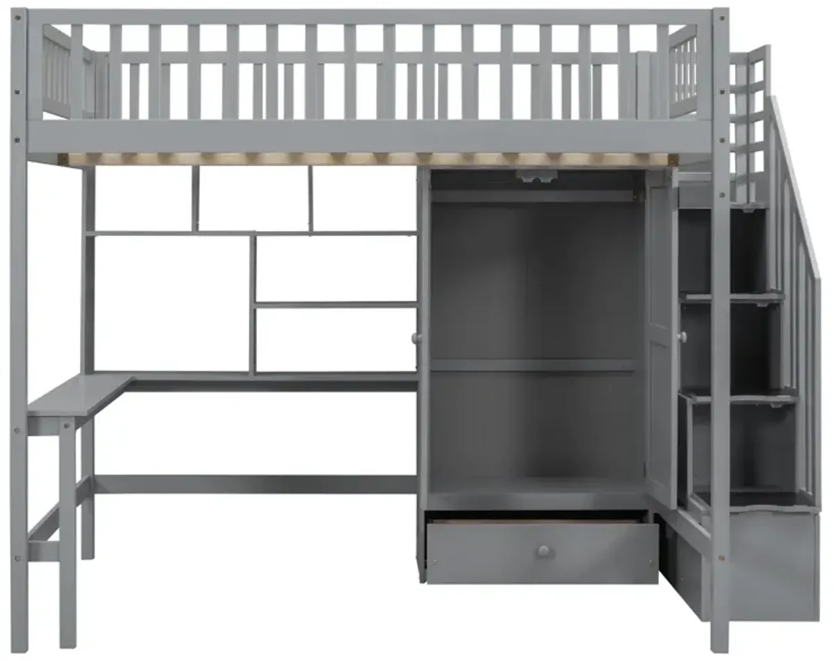 Full Size Loft Bed With Bookshelf, Drawers, Desk, And Wardrobe