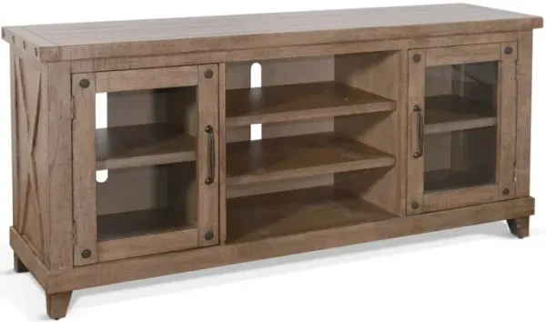 Anva TV Media Console, Shelves, Doors, Light Brown Mahogany, 64 Inch - Benzara