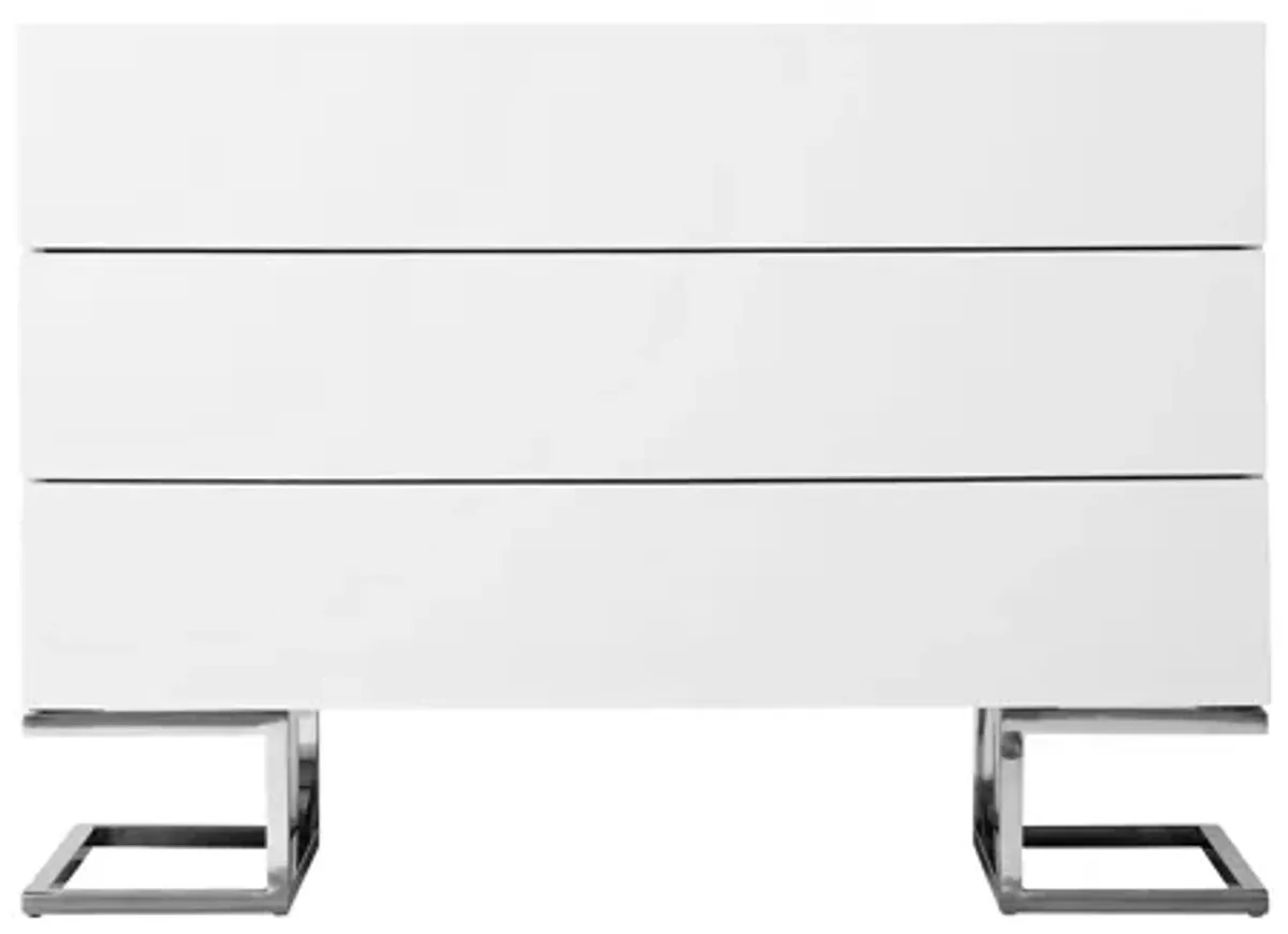 Sam 39 Inch Dresser with 3 Drawers, Chrome Steel Legs, White Wood Finish - Benzara