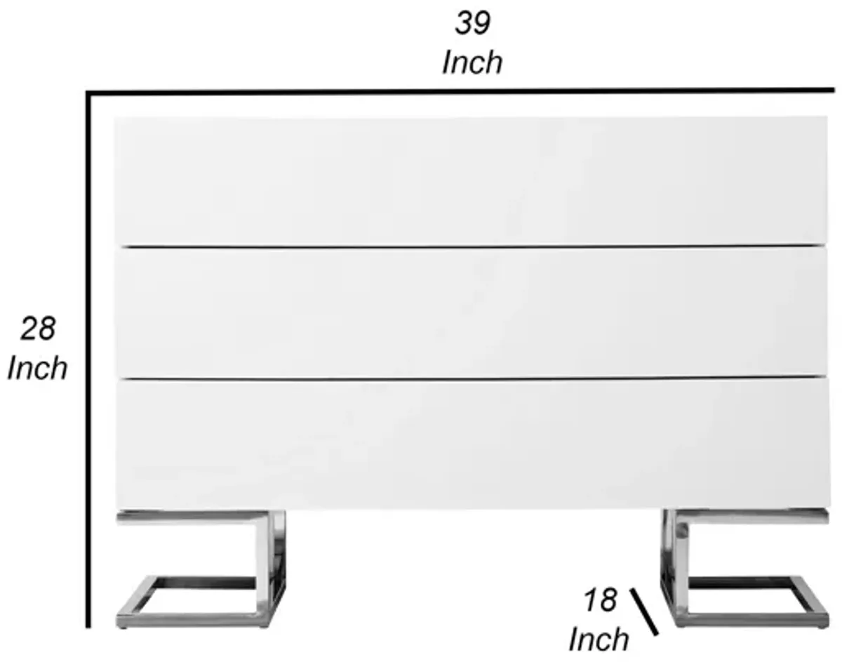 Sam 39 Inch Dresser with 3 Drawers, Chrome Steel Legs, White Wood Finish - Benzara