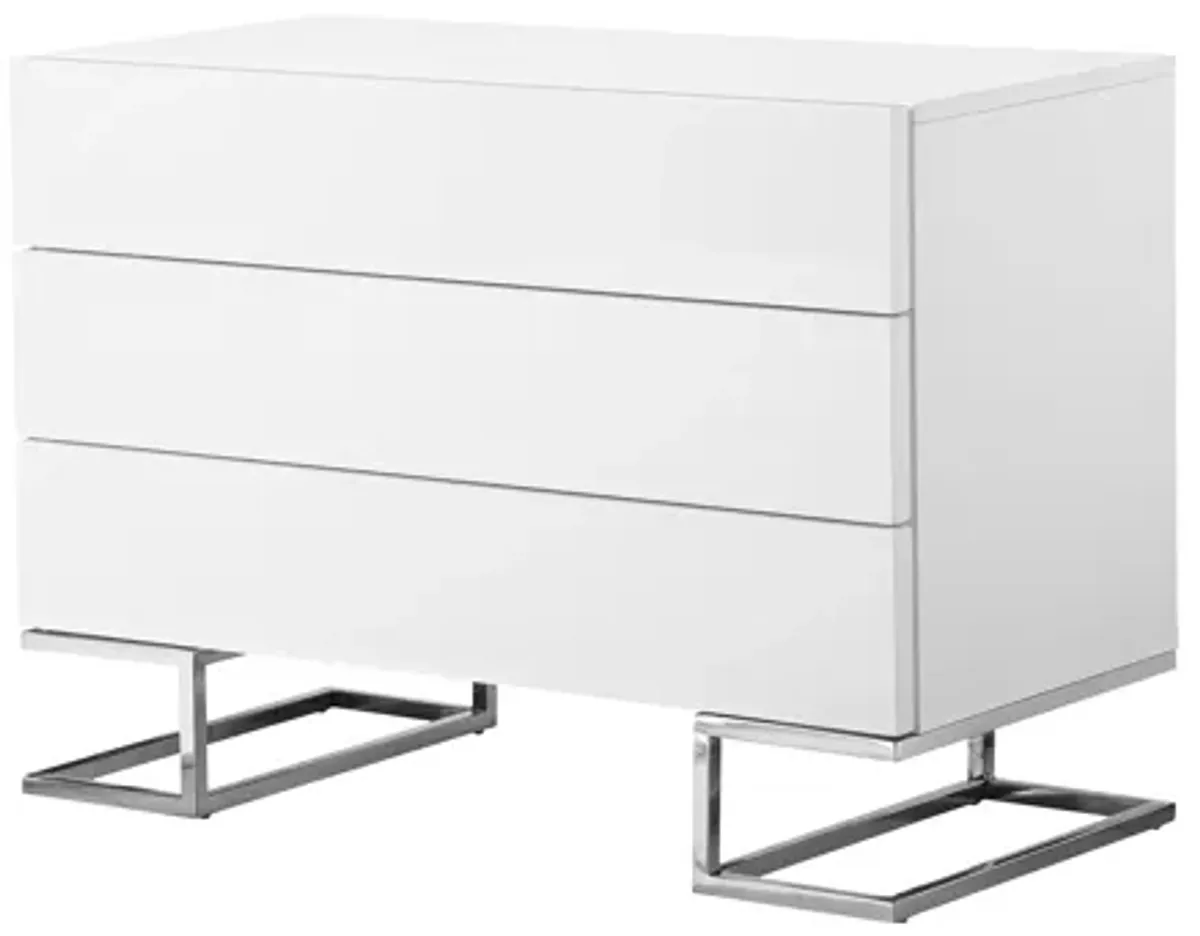 Sam 39 Inch Dresser with 3 Drawers, Chrome Steel Legs, White Wood Finish - Benzara