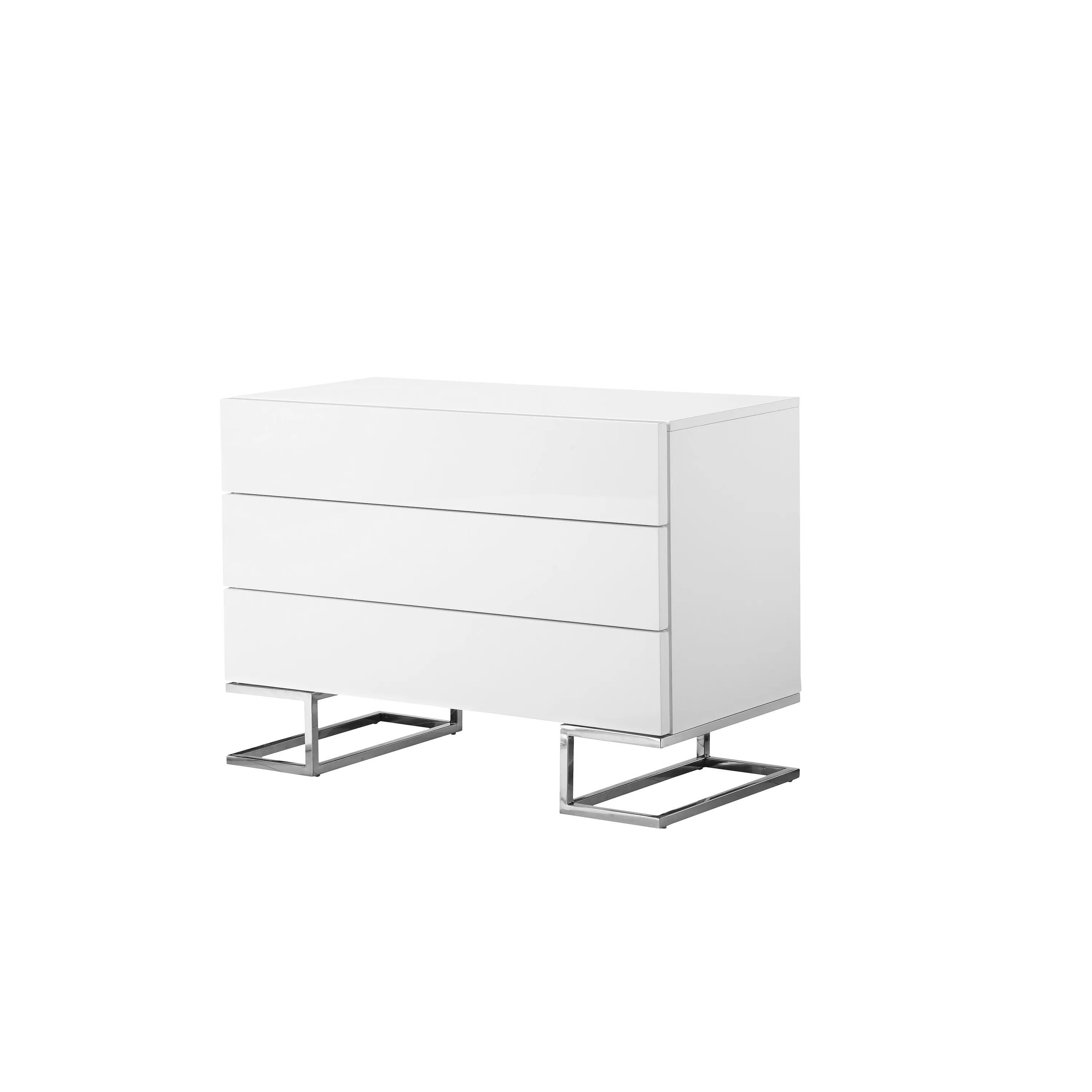 Sam 39 Inch Dresser with 3 Drawers, Chrome Steel Legs, White Wood Finish - Benzara