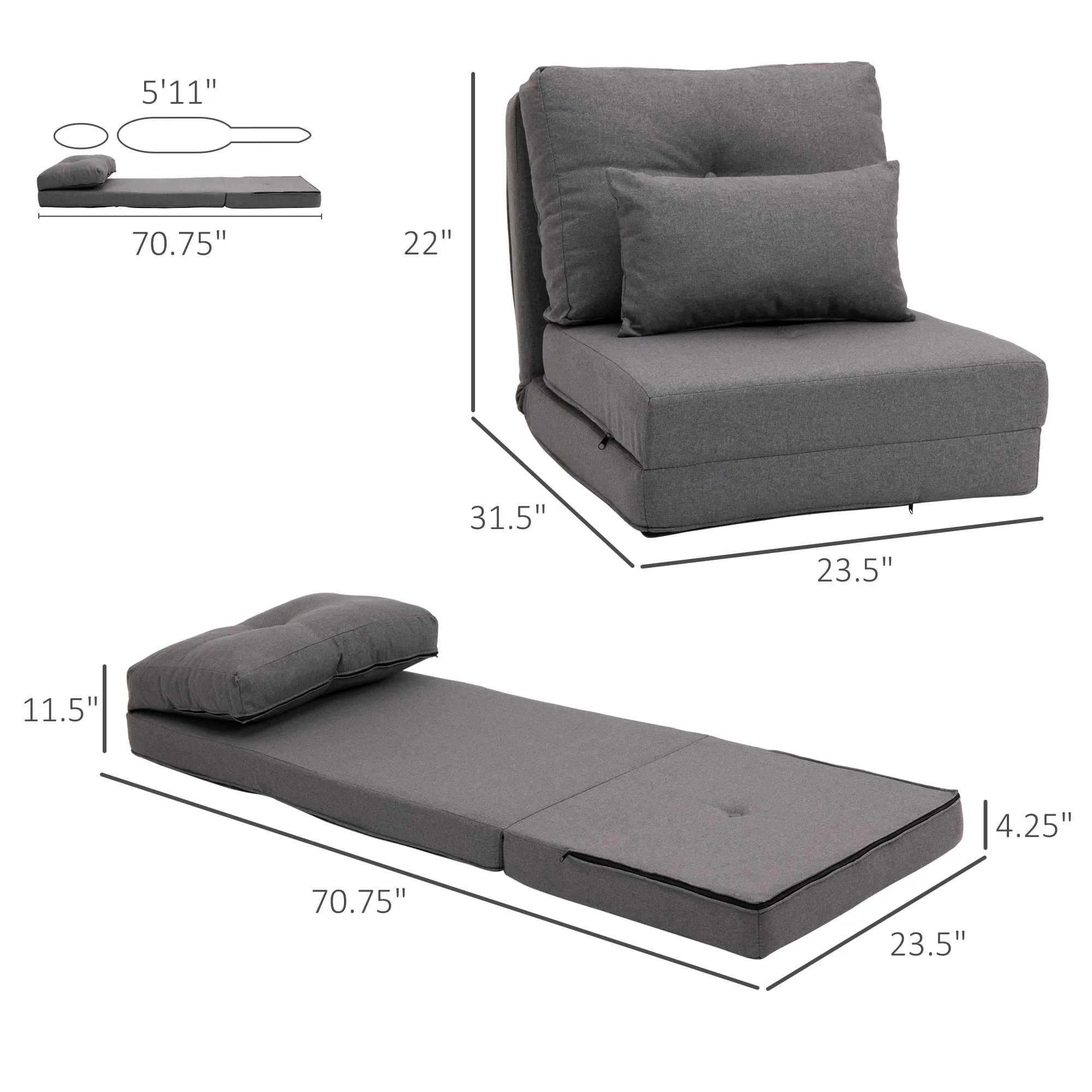 Dark Grey Lounger: Convertible Sofa Bed with Adjustable Backrest