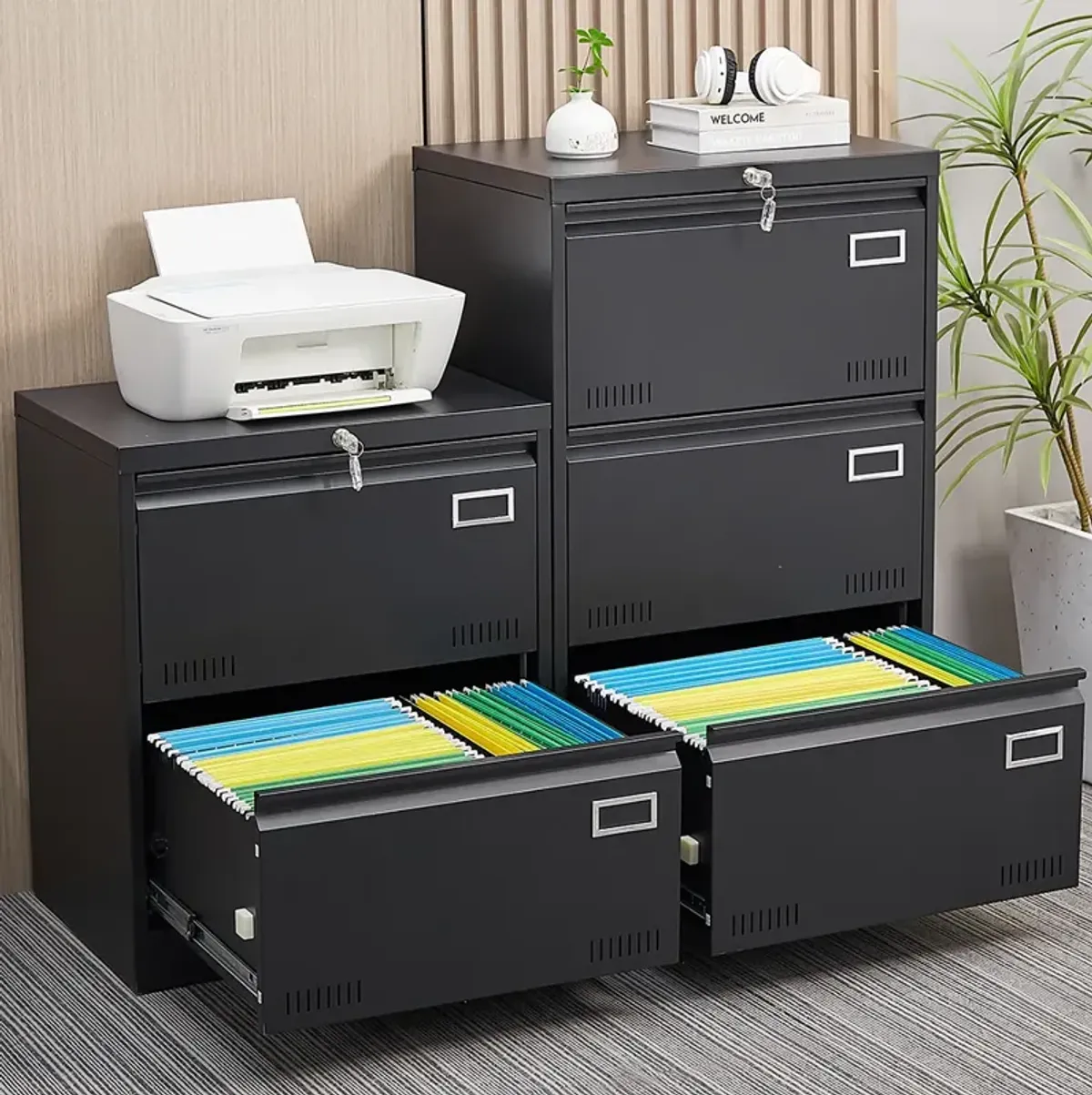 Filing Cabinet Lateral File Cabinet 2 Drawer, White Filing Cabinets with Lock, Locking Metal File Cabinets Three Drawer Office Cabinet for Legal/Letter/A4/F4 Home Offic