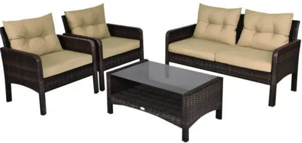 Hivvago 4 Pieces Patio Rattan Sofa Set Free-Combination with Cushion and Coffee Table