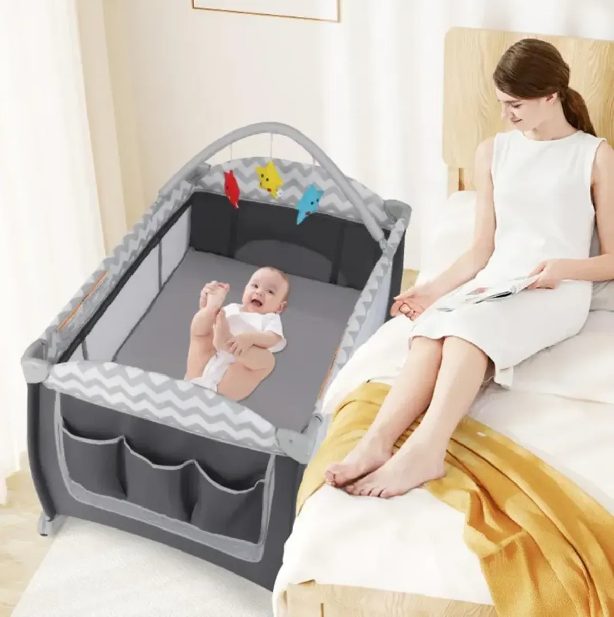 Hivvago 3-in-1 Portable Baby Playard with Zippered Door and Toy Bar