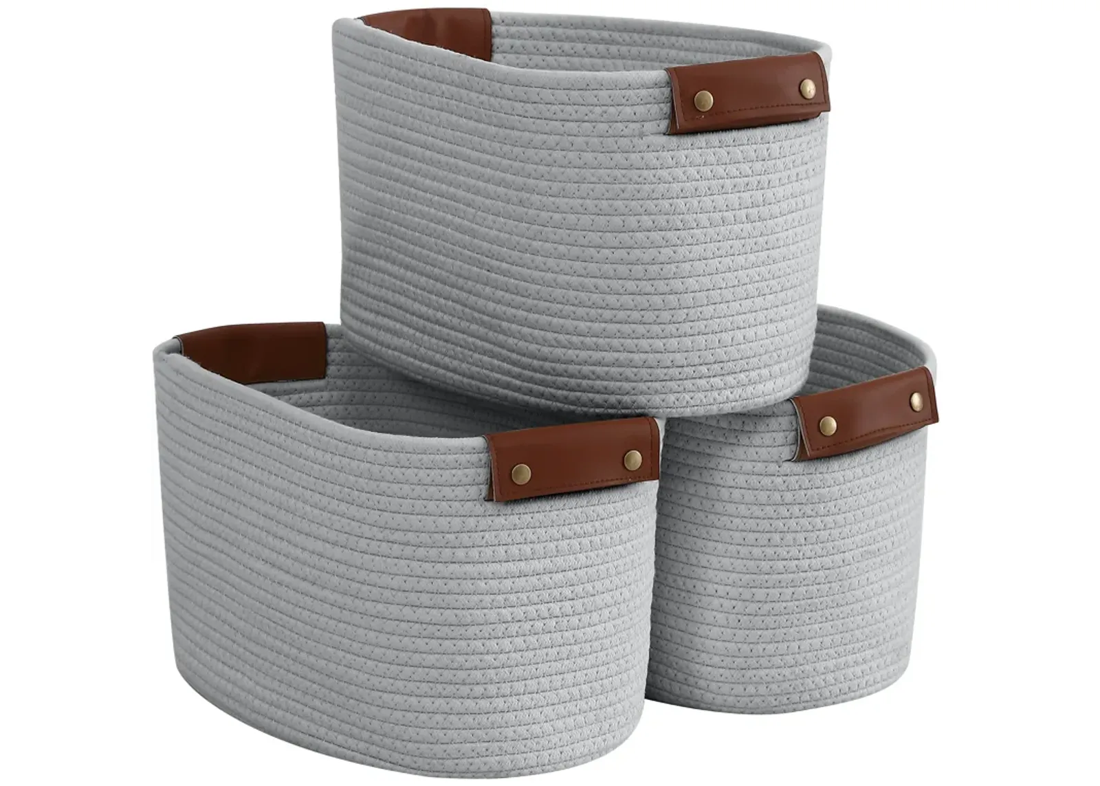 3 Pack Woven Cotton Rope Shelf Storage Basket with Leather Handles