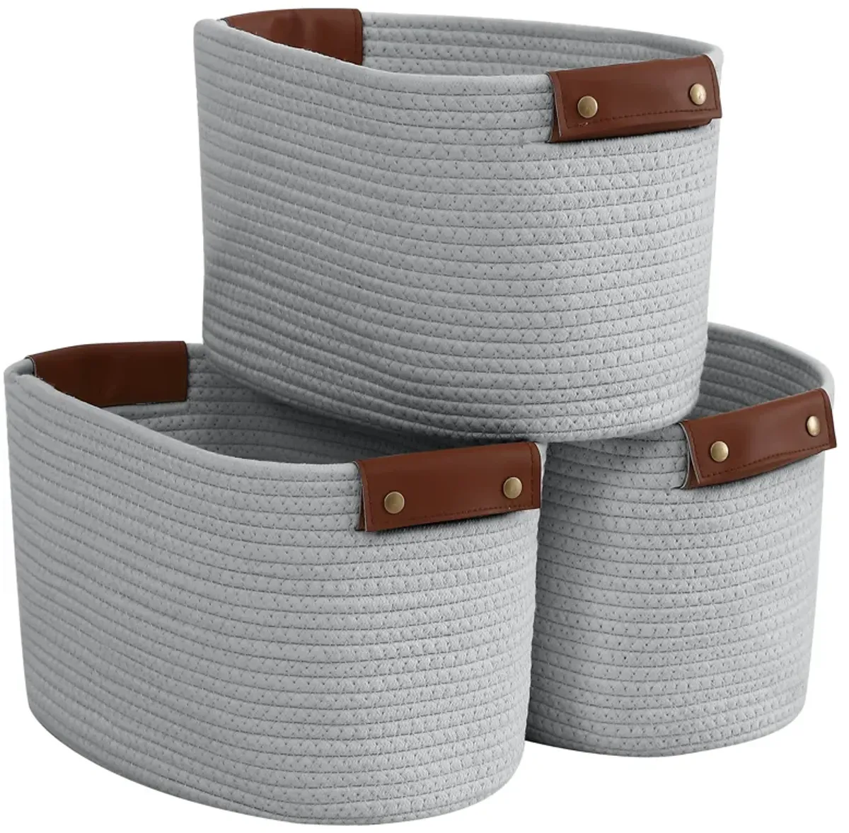 3 Pack Woven Cotton Rope Shelf Storage Basket with Leather Handles