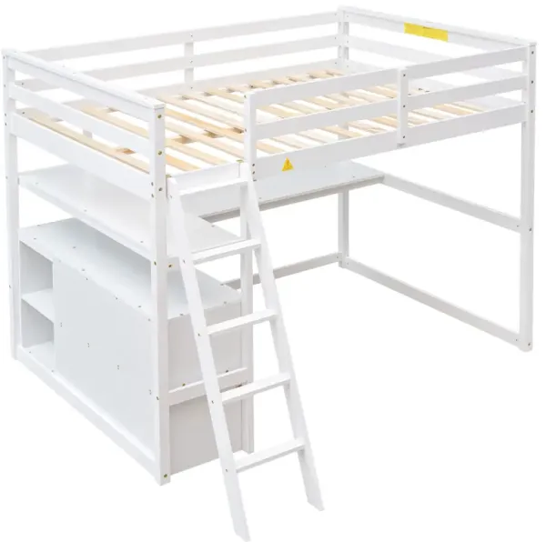 Whisen Full Size Wood Loft Bed with Desk, Shelves and Two Built-in Drawers - Gray
