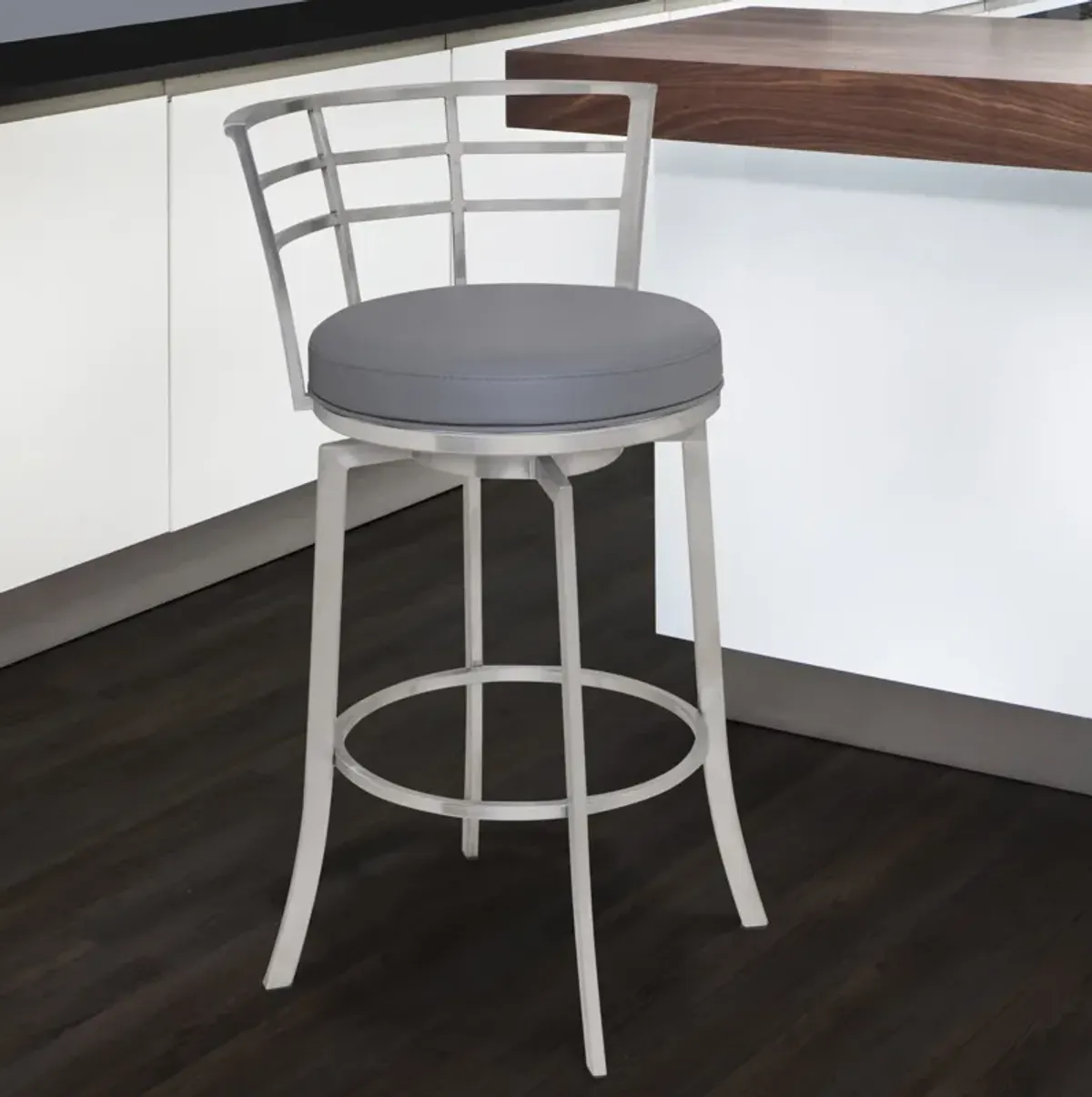 Viper  Counter Height Swivel Grey Faux Leather and Brushed Stainless Steel Bar Stool