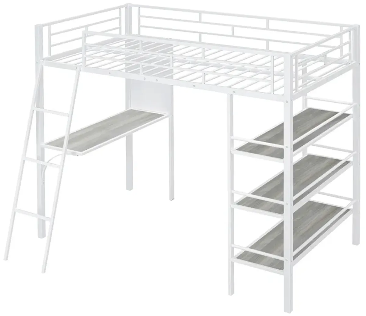 Merax Metal Loft  Bed with  Desk and 3 Layers of Shelves