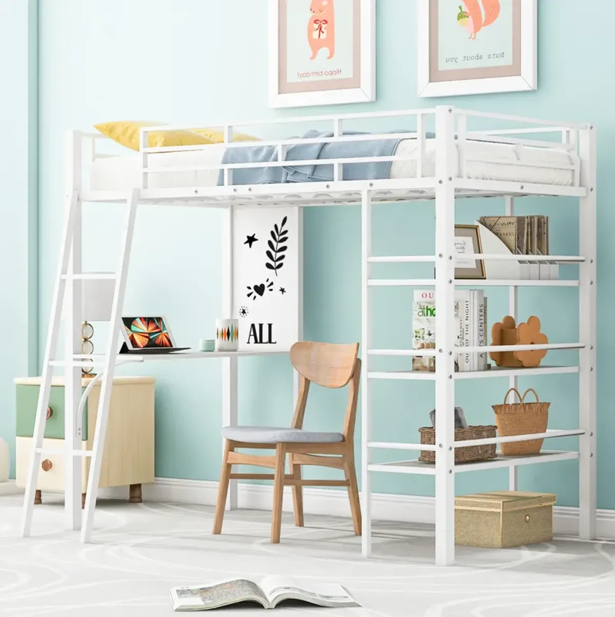 Merax Metal Loft  Bed with  Desk and 3 Layers of Shelves