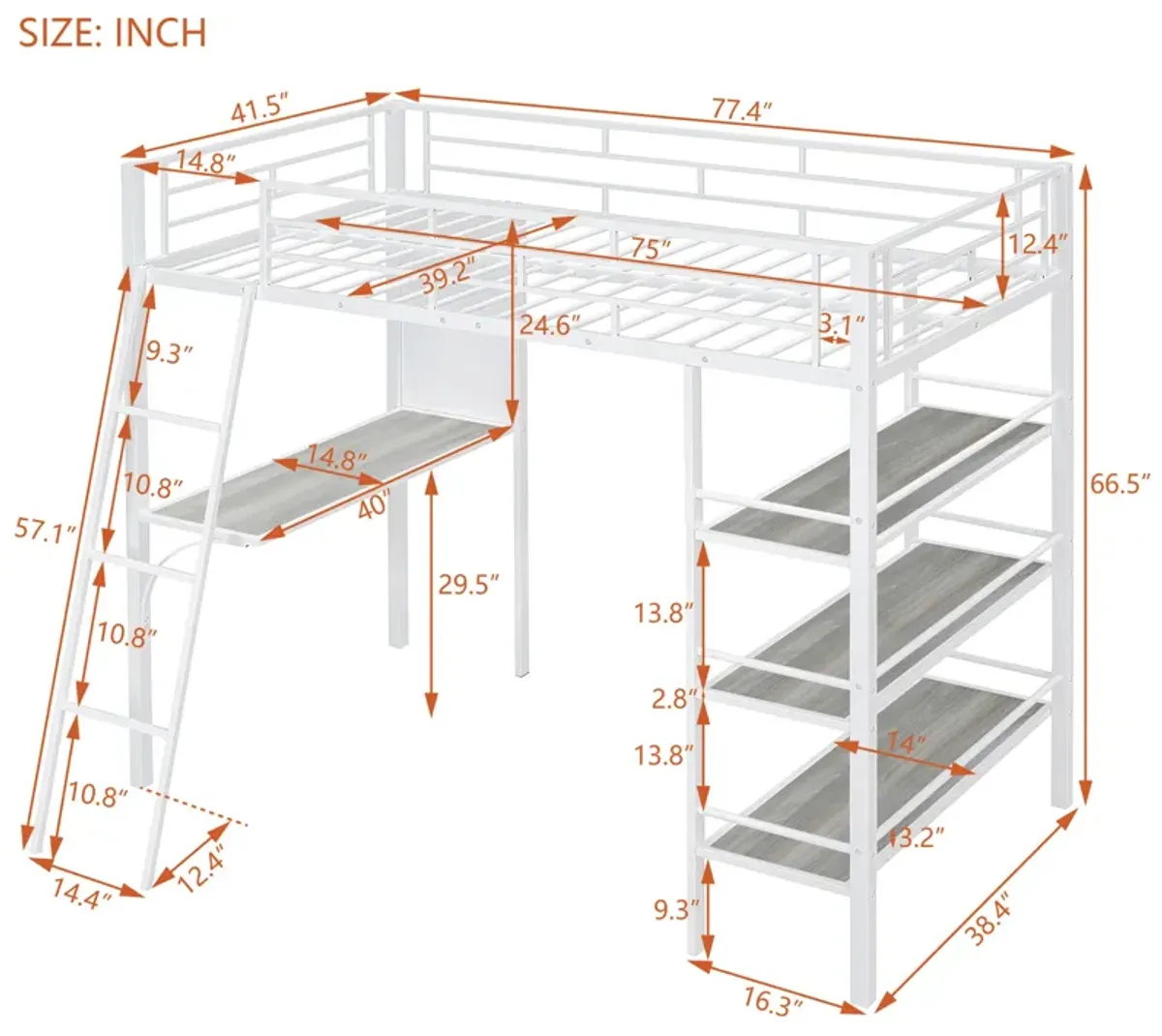 Merax Metal Loft  Bed with  Desk and 3 Layers of Shelves