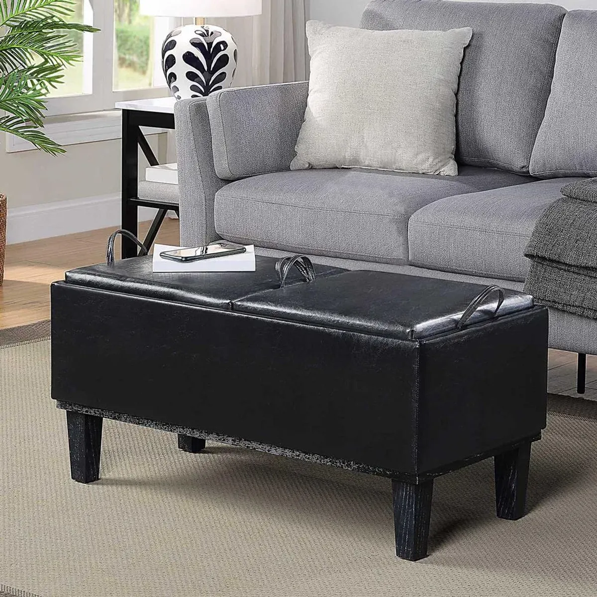 Convenience Concepts Designs4Comfort Brentwood Storage Ottoman with Reversible Trays, Black