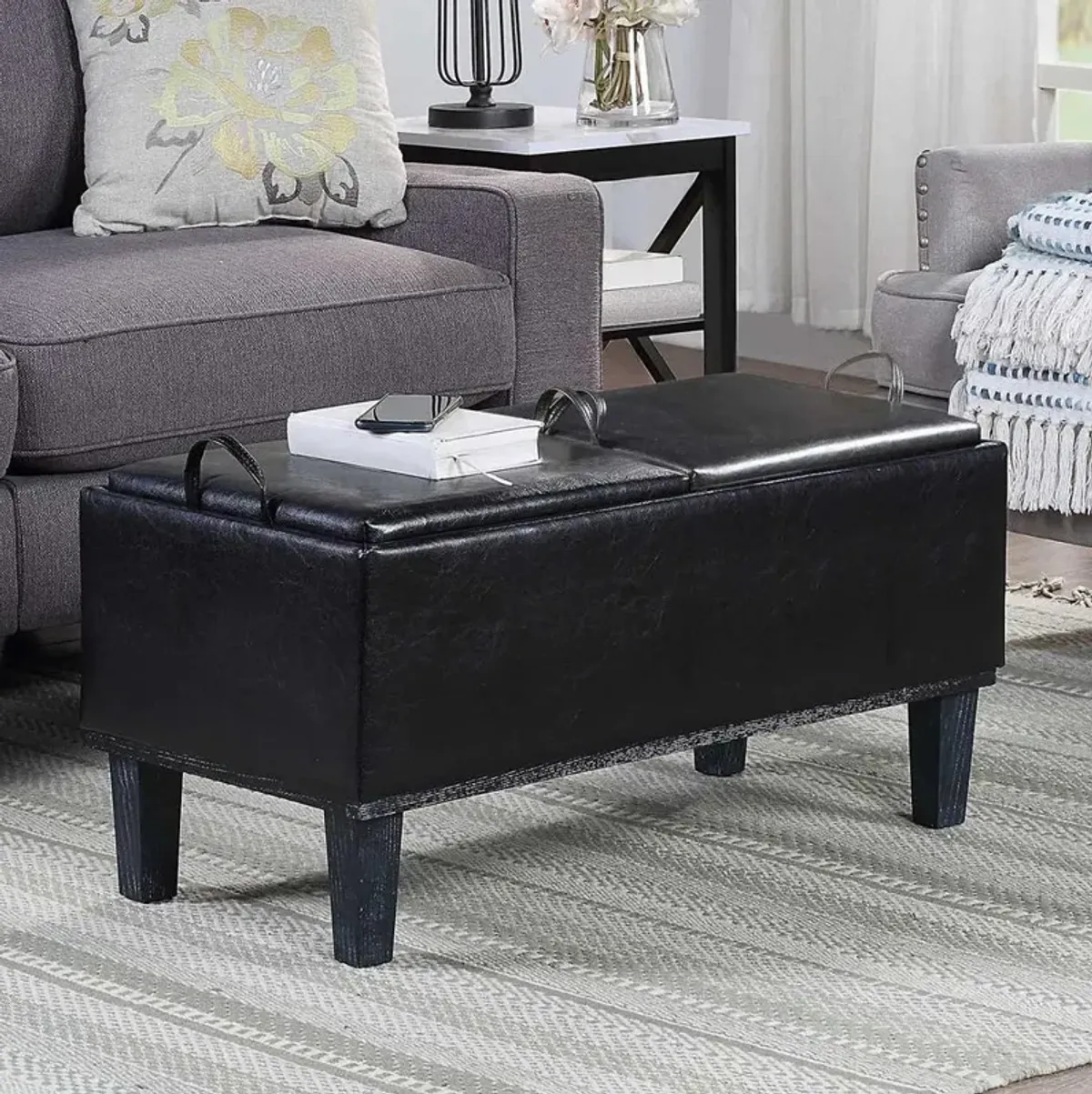 Convenience Concepts Designs4Comfort Brentwood Storage Ottoman with Reversible Trays, Black