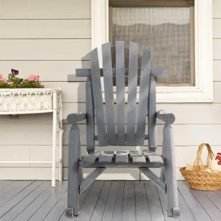 Dark Grey Wooden Adirondack Rocking Chair: Outdoor Rustic Log Rocker with Slatted Design for Patio