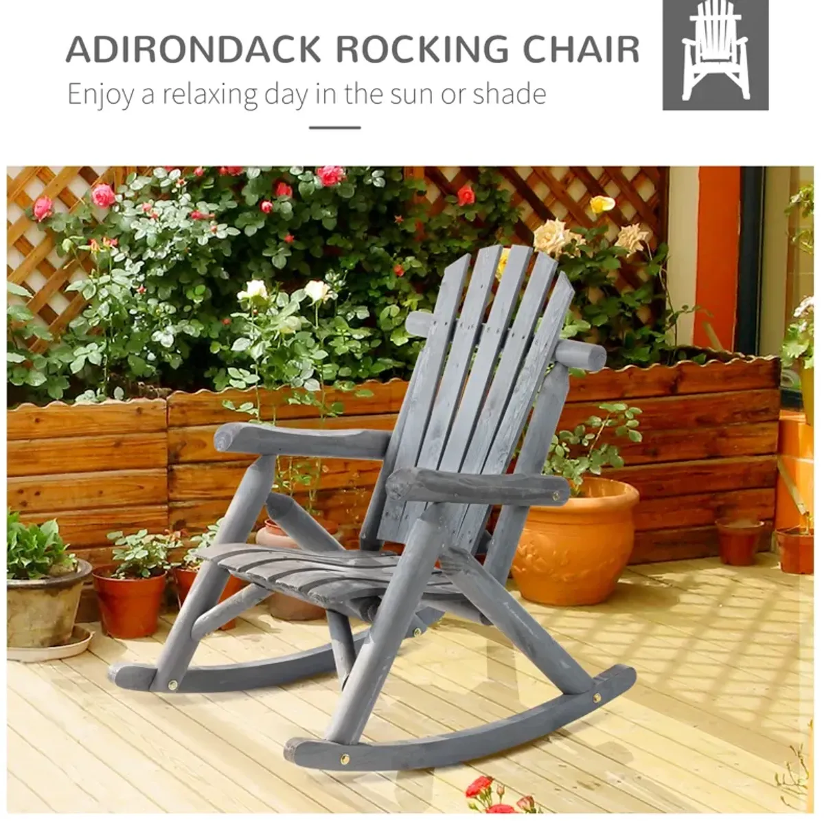 Dark Grey Patio Comfort: Wooden Adirondack Rocking Chair