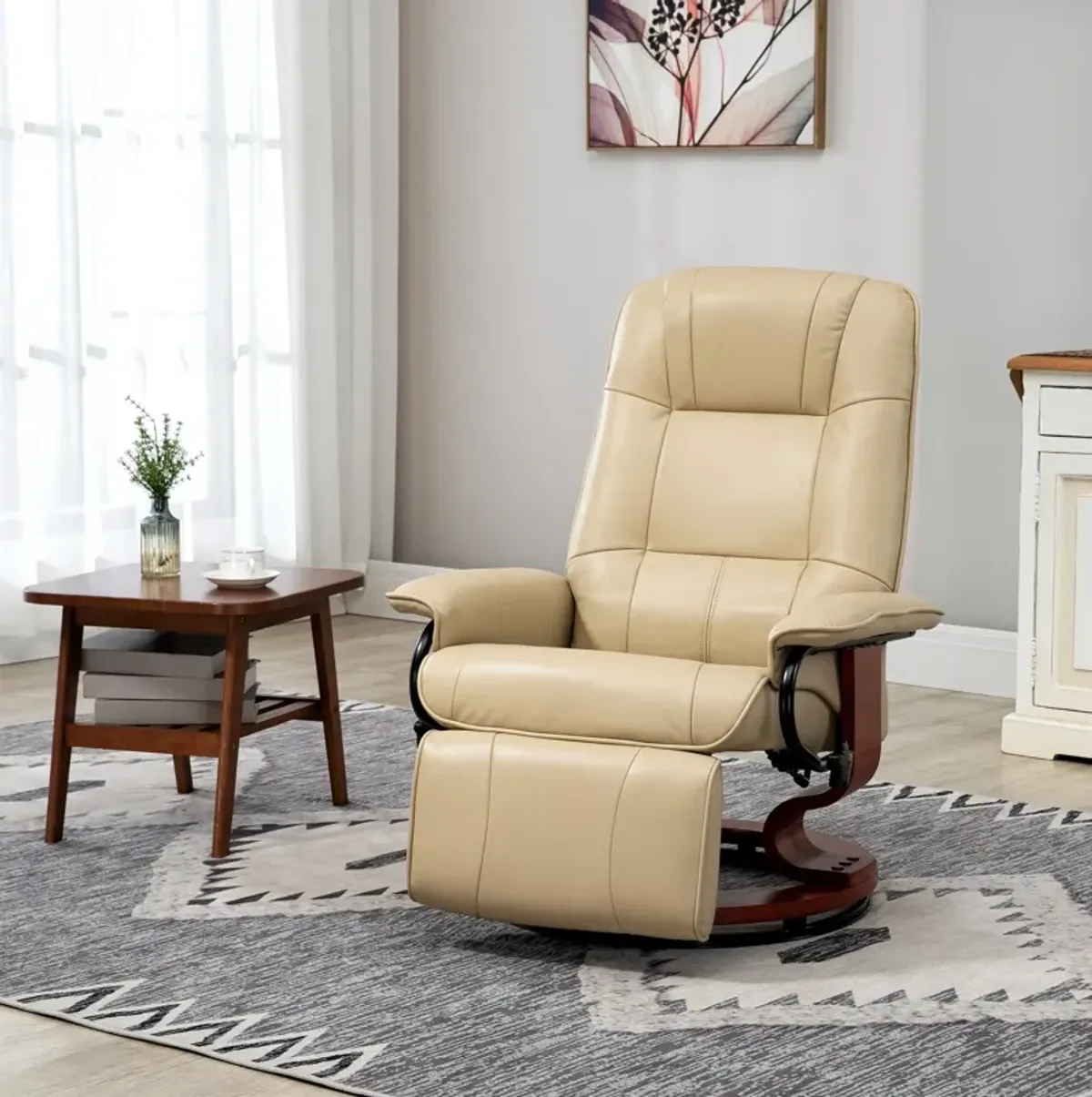 Cream White Relaxation: Faux Leather Manual Swivel Recliner