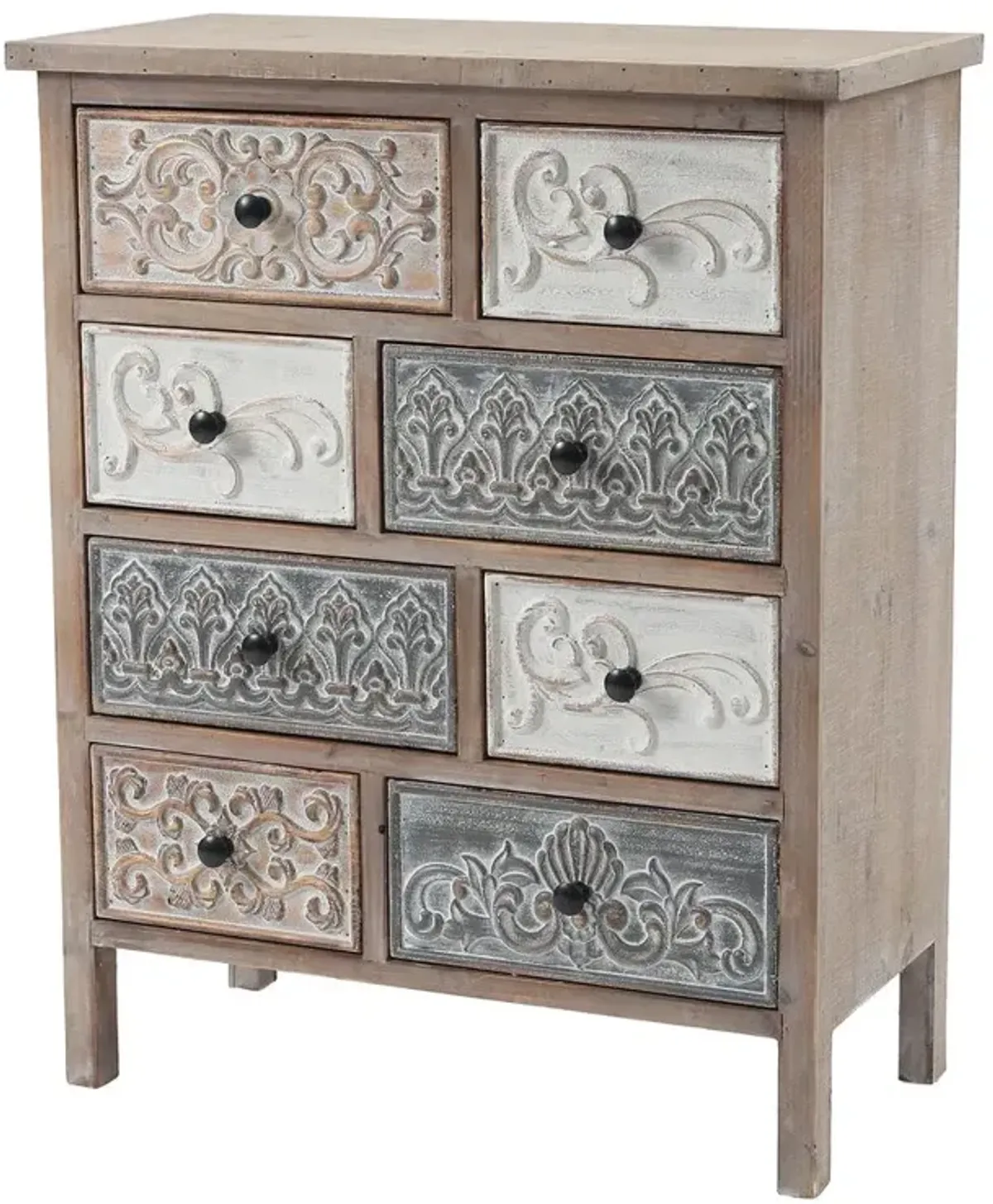 LuxenHome Rustic Carved Wood 8-Drawer Chest End Table