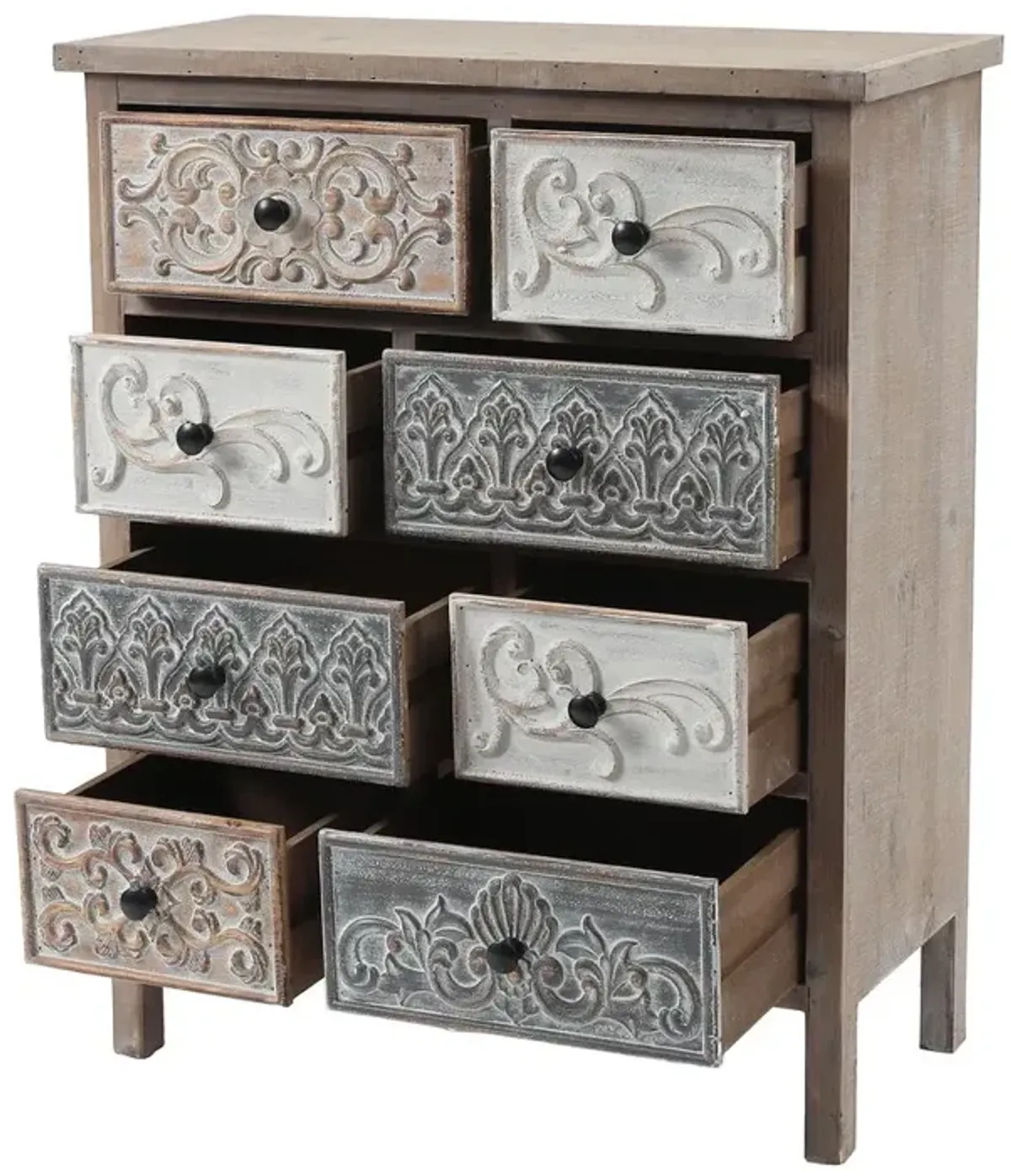 LuxenHome Rustic Carved Wood 8-Drawer Chest End Table