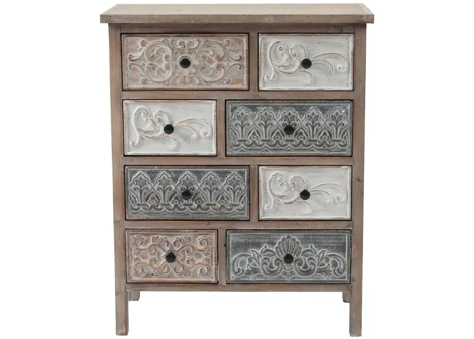 LuxenHome Rustic Carved Wood 8-Drawer Chest End Table