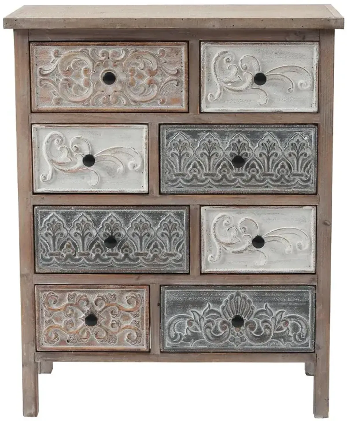 LuxenHome Rustic Carved Wood 8-Drawer Chest End Table