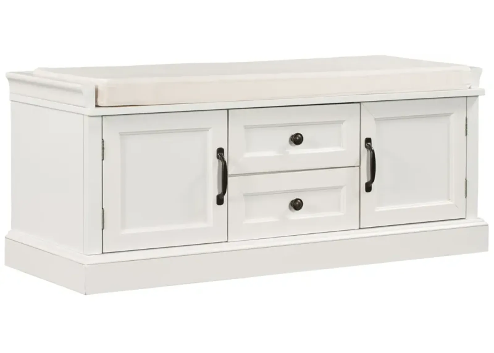 Storage Bench With 2 Drawers And 2 Cabinets, Shoe Bench With Removable Cushion For Living Room