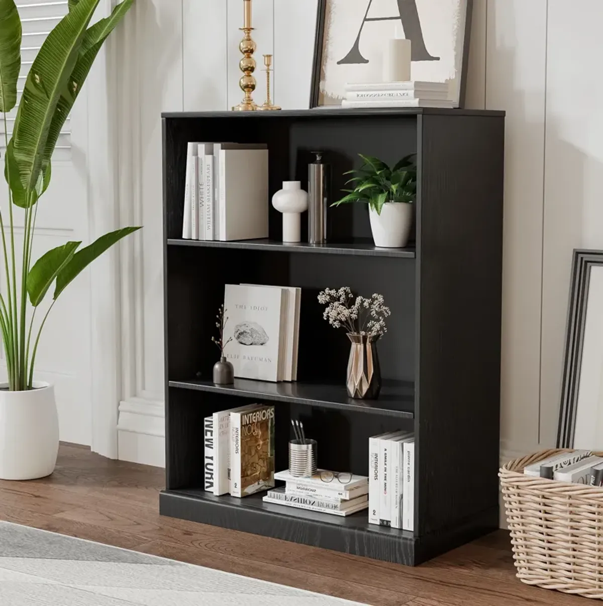 Wood Accent Sideboard Cabinet in Black, Storage Organizer with Adjustable Shelves