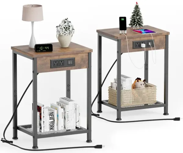 Fixwal Nightstands Set of 2 with Charging Station, End Tables with U-S-B Ports and Power Outlets, Narrow Bedside Table Set of 2