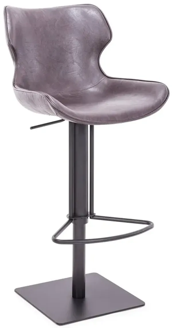 22-31 Inch Adjustable Height Barstool, Gray Vegan Faux Leather, Curved Back-Benzara