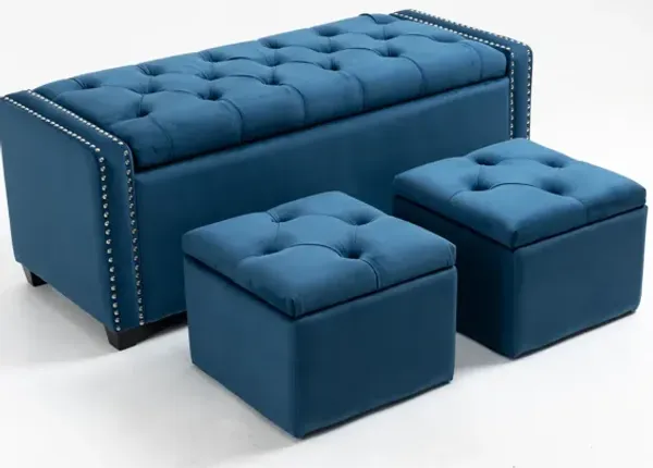 Set Of 3 47.5" Wide Upholstered Storage Ottoman With Tufted Top And Solid Wood Legs Teal