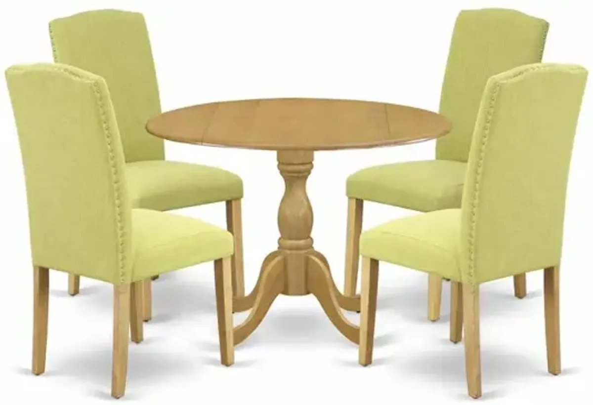 East West Furniture DMEN5-OAK-07 5 Piece Dining Table Set - Oak Round Dining Table and 4 Limelight Linen Fabric Dining Room Chairs with High Back - Oak Finish